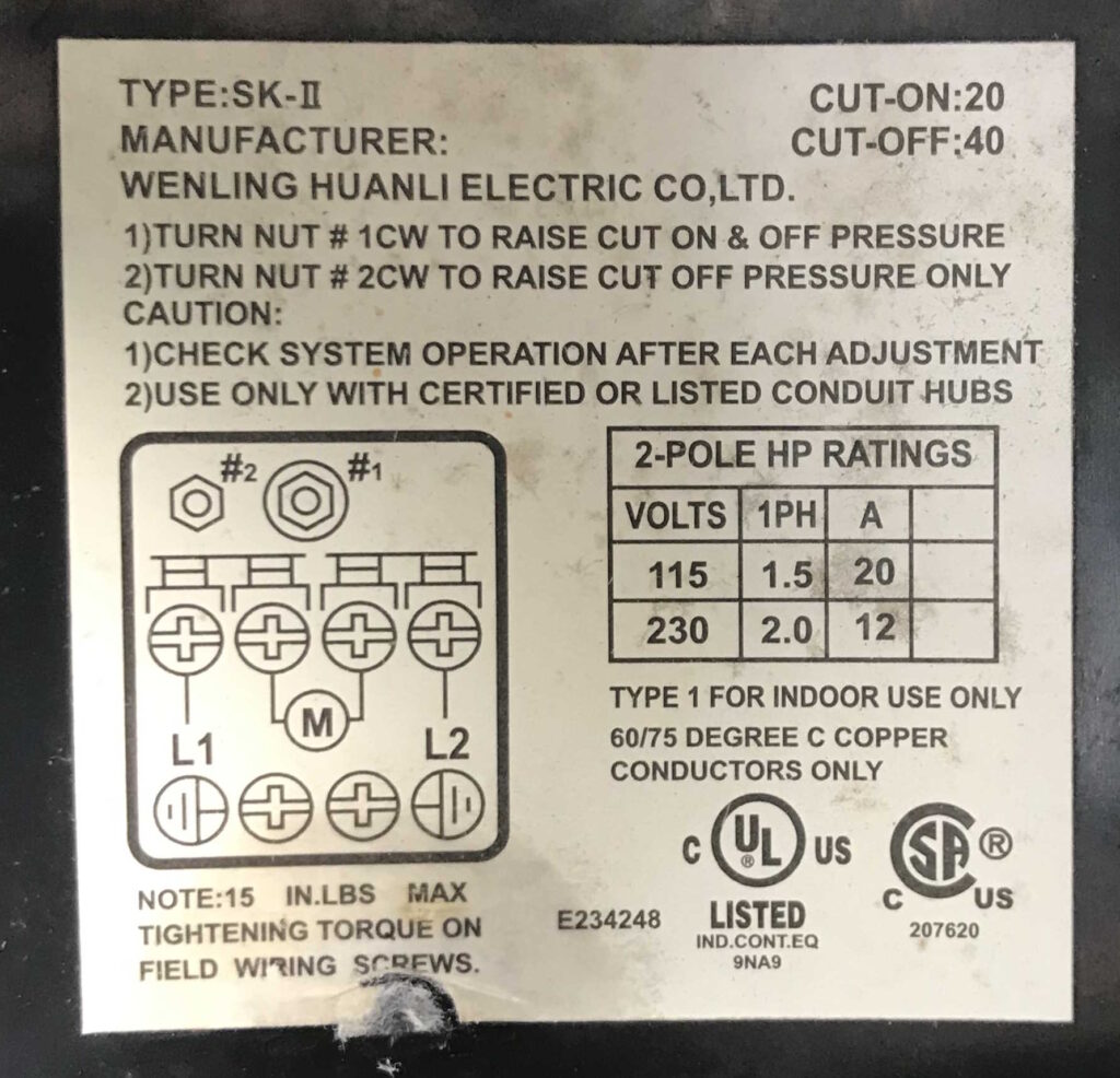 Well Pressure Switch Adjustment Label