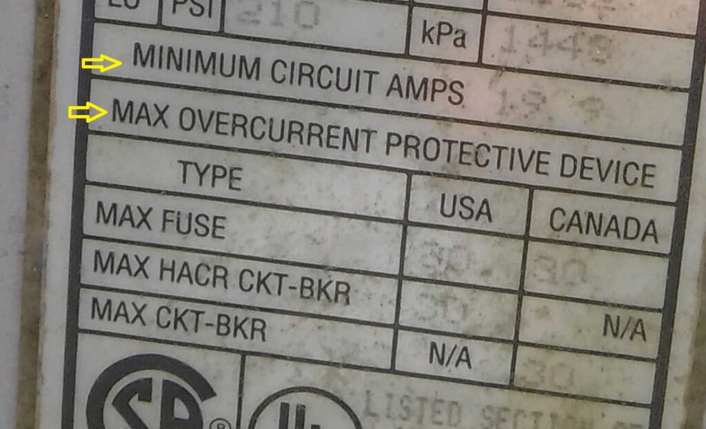 AC condenser rating label example.