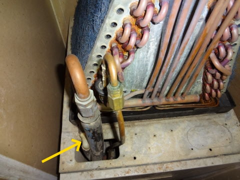 Down flow AC unit and condensate drain pictured.